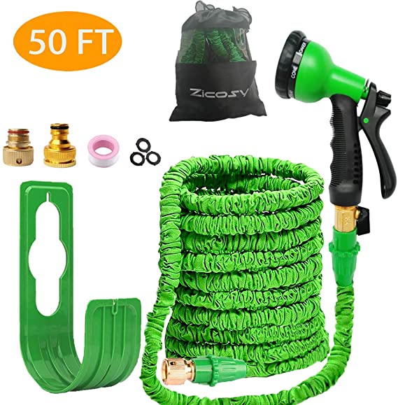 Zicosy Garden Hose-50ft Expandable Hose - Heavy Duty Flexible Leakproof Hose - 8-Pattern High-Pressure Water Spray Nozzle & Bag & Plastic Holder.No Kink Tangle-Free Pocket Water Hose (50ft)