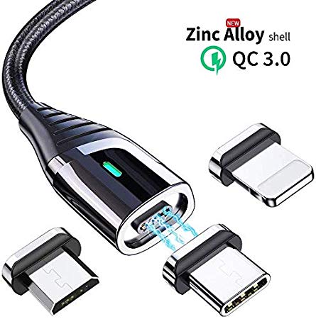 Magnetic Charging Cable Phone Charger,Essager Upgrade 3 in 1 Multi Adapter Fast Charging and Data Sync 6.6ft Cord Zinc Alloy Shell Compatible with Android Micro USB,Type C Cable