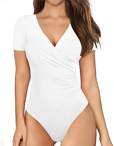 MANGOPOP Women's Cross Wrap Ruched Plunge Neck Deep V Long Sleeve Short Sleeve Bodysuits