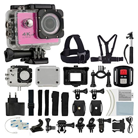 4K HD DV 16MP Sports Action Camera (Pink) - Wi-Fi   Wrist RF   170° Wide Angle Lens   Waterproof Case & Backdoor   Bike Mount   Chest & Head Strap   Monopod/Selfie   Deluxe Valued Accessory Bundle