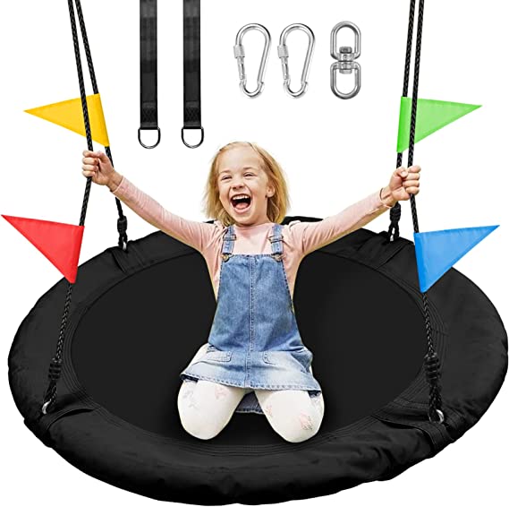 Odoland 40 inch Kids Saucer Tree Swing, Large Outdoor Chidren Round Rope Swing Installed on Tree and Backyard, 900D Waterproof Oxford Flying Saucer Platform Swing Great for 3 Kids or 1 Adult Black