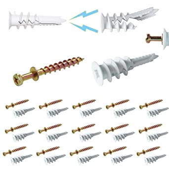 Ansoon #8 Self Drilling Plastic Drywall Anchors with Bear Claw Double Headed Screw Picture Hangers kit, 15 Self-Tapping Nylon Anchors   15 Double-Headed Picture Hanger for D-Rings, Sawtooth, Wire