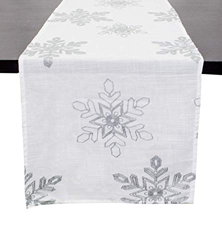 Fennco Styles Holiday Nivalis Collection Snowflake Design Christmas Decorative Tablecloth - 3 Colors (Silver, 16"x120" Table Runner)