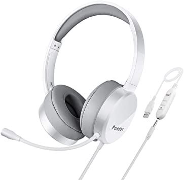 USB Headset/3.5mm Computer PC Headset with Microphone, Pander Upgraded Lightweight Noise Cancelling Skype Headset, Wired Business Headphones with Volume Control for Webinar, Phone, Call Center - White