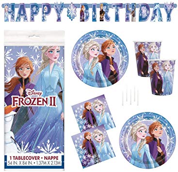 Frozen 2 Party Supplies Set - Serves 16 - Includes Banner Decoration, Tablecover, Large Plates, Napkins, Cups and Candles