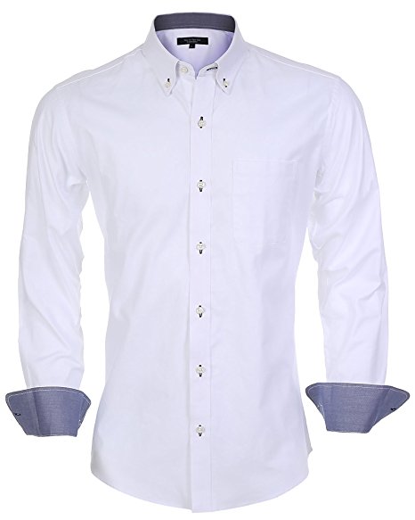 Year In Year Out Men's Slim Fit Long Sleeve Oxford Button Down White Shirts