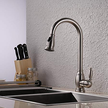 KES Brass Bar Sink Faucet Brushed Nickel with Pull Down Sprayer Head Modern Single Tall Large Commercial Pullout Kitchen Faucet Sprayer Pulldown High Arc Gooseneck Stainless Steel Finish, L6933-2