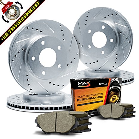 Max KT012913 Front   Rear Silver Slotted & Cross Drilled Rotors and Ceramic Pads Combo Brake Kit