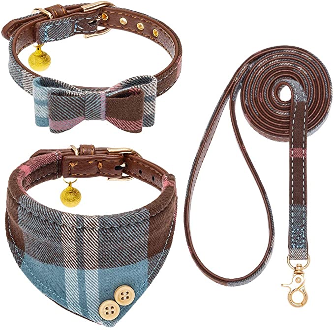 EXPAWLORER Bow Tie Dog Collar and Leash Set Classic Plaid Adjustable Dogs Bandana and Collars with Bell for Puppy Cats 3 PCS