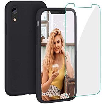Case for iPhone XR, Liquid Silicone Full Protective Phone Cover with Free Tempered Screen Protector Shockproof Shell for iPhone XR-Black