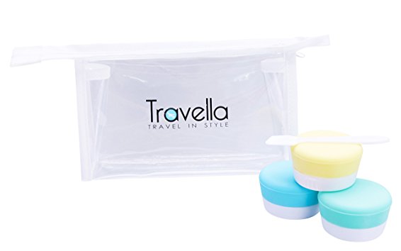 Silicone Travel Containers with Sealed Lids – Set of 3 TSA Approved Travel Jars for Creams, Make Up and Lotions – Spatula and Cosmetics Bag Included- Perfect Travel Gifts