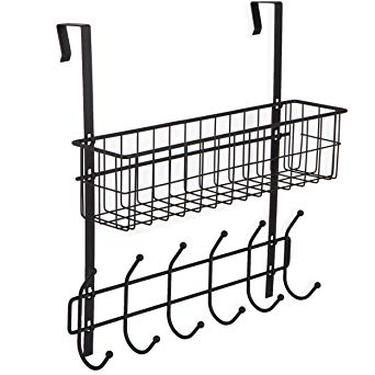 Wall35 Porta Over The Door Hooks for Hanging and Deep Metal Wire Storage Basket with 6 Hooks Black