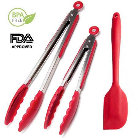 Chef Hessler Kitchen Cooking Silicone Tongs Set (Red, 9 & 12-inch)   Silicone Spatula (Red, 11-inch)