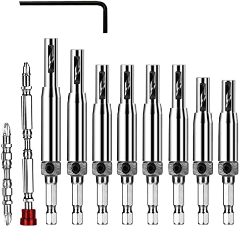 flintronic® Juego de 11 Brocas Centrales, Bisagras Autocentradas, Perforadoras, Herramientas de Carpintería Para Puerta de Armario, Brocas de Ventana de Puerta Ajustable(2/2.8/3.5/4.5/5/5.2/6 /35) mm