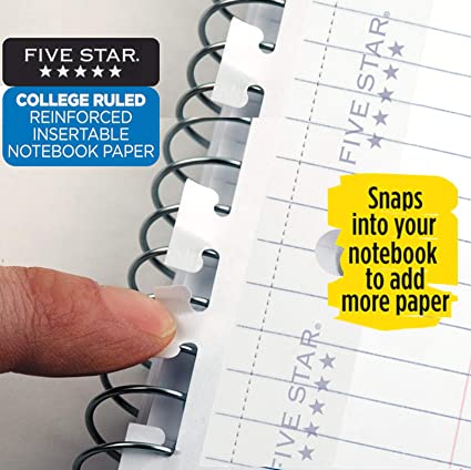 Five Star Loose Leaf Paper, Insertable Filler Paper to Add-Rearrange Pages in Spiral Notebook, College Ruled, 11-1/2" x 8", 75 Sheets, Reinforced, 1 Pack (17022)