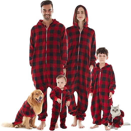 Family Christmas Pajamas Matching Set, Drop Seat Onesie Hooded Zip Up One Piece PJs for Couples, Kids, Baby, Pets