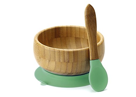 Avanchy Bowls. Bamboo Baby Feeding Stay Put Suction Bowl   Spoon with Soft Tip, BPA Free. Great Baby shower gift. Green