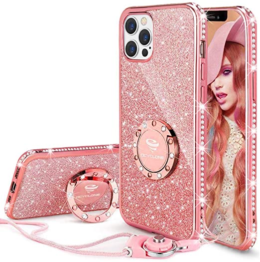 OCYCLONE for iPhone 12 Pro Max Case, Cute Glitter Sparkle Bling Diamond Rhinestone Bumper Case with Ring Kickstand Women Girls Soft Protective Phone Case for iPhone 12 Pro Max [6.7 inch] 2020 -Pink
