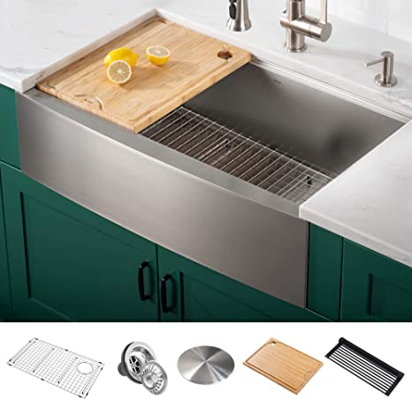 Kraus KWF210-30 Kore Workstation 16 Gauge Farmhouse Single Bowl Stainless Steel Kitchen Sink with Integrated Ledge and Accessories (Pack of 5), 30 Inch Rounded Apron Front