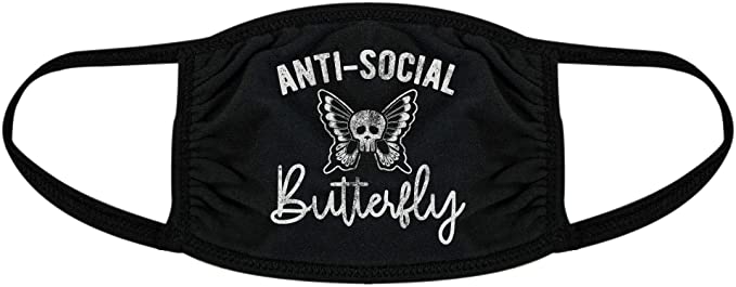 Anti-Social Butterfly Face Mask Funny Introvert Skull Graphic Novelty Nose and Mouth Covering (Black) - 1 Pack
