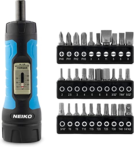 Neiko 10574A 1/4” Drive Torque Wrench Screwdriver Set | 30 Pieces of S2 Steel Philips, Hex, Slotted, and Torx Bits | 10 to 60 Inch-Pounds Torque Adjustment Range | Firearms Accurizing and Gunsmithing