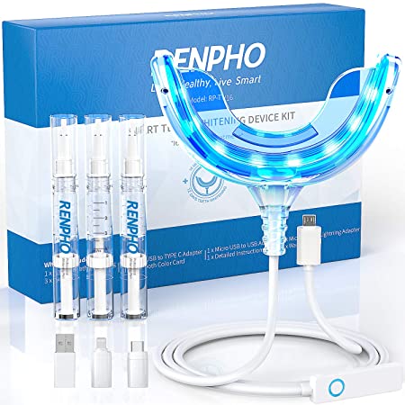 Teeth Whitening Kit, RENPHO 16XLED Accelerator Lights for Whitening Sensitive Teeth, 3X4ML Whitening Gels with 35% Carbamide Peroxide for Home System Use, NO need for batteries