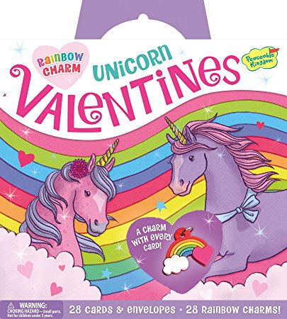 Peaceable Kingdom Rainbow Unicorn 28 Card Super Valentine Pack with Real Charm Keepsakes