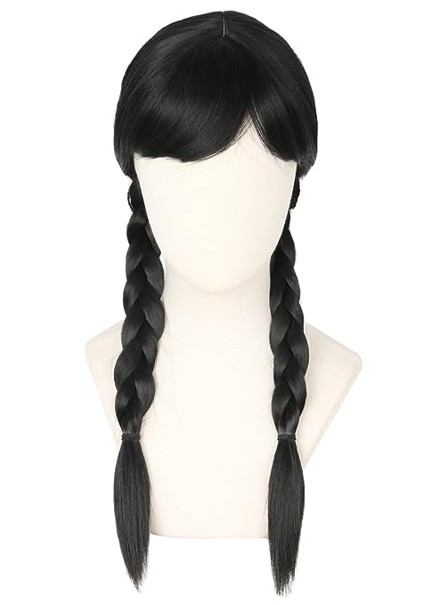 Topcosplay Kids Girls Wednesday Wig Black Long Straight With 2 Braids Halloween Costume Wigs