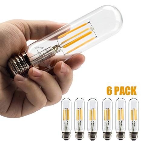 Leadleds LED Edison Bulb 40 Watt Equivalent, Non Dimmable E26 Medium Base LED Lamp T10 Tubular 2700K Neat Warm White, 6-Pack
