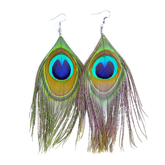 KISSPAT Native Super Light Peacock Feather Dangle Earrings for women,2 Styles Available: Hook & Clip