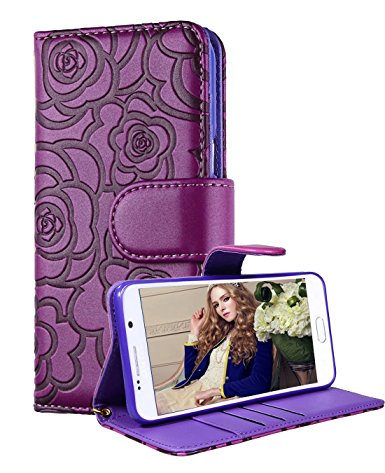 Galaxy S6 Edge Plus Wallet Case, FLYEE Premium Vintage Emboss Flower Flip Wallet Shell PU Leather Magnetic Cover Skin with Detachable Wrist Strap Case for Samsung Galaxy S6 Edge Plus Purple