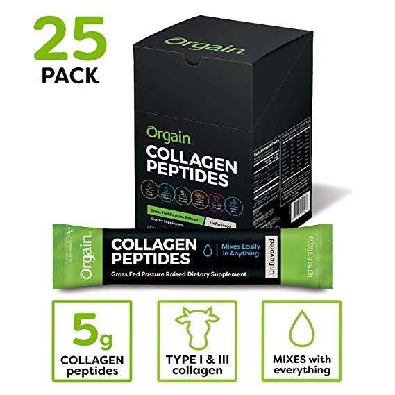 Orgain Grass Fed Hydrolyzed Collagen Peptides Protein Powder sticks - Paleo & Keto Friendly, Pasture Raised, Gluten Free, Dairy Free, Type I and III, 5g sticks - unflavored (25 count)