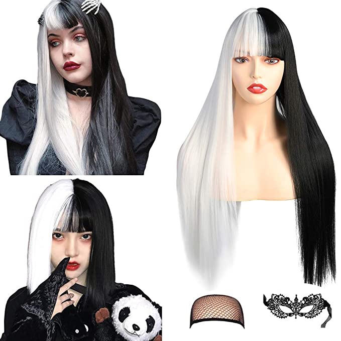 fani 22 inch Half Black Half White Wig with Bangs Long Straight Wigs Women Middle Part Wig Synthetic Hair Wigs for Halloween Cosplay Makeup Party Replacement Hair