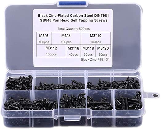 500pcs/Set M3 Black Zinc-Plated Carbon Steel Pan Head Self Tapping Screws, Assortment Drilling Screws with Storage Case, 6mm 8mm 10mm 12mm 16mm 18mm 20mm