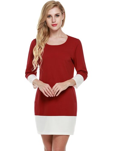 Meaneor Women's Color Block Patchwork 3/4 Sleeve Shift Dress With Pockets