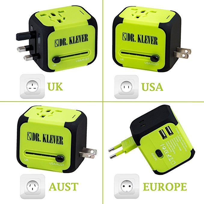 Worldwide Travel Adaptor - Works in 150 Countries! 2 x USB Ports, 4 x Power Socket Types, and 4 Wall Plug Types. International Travel Adapter comes with Built-in Spare Fuse and Free Travel Bag! (Green)