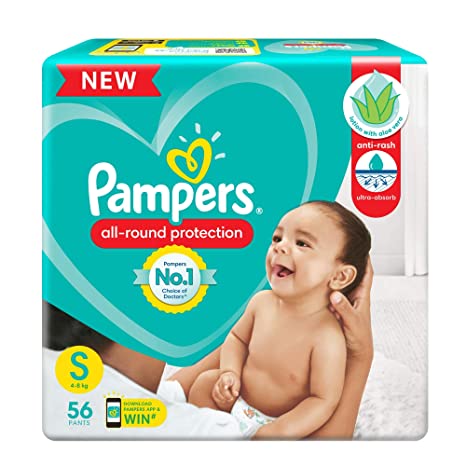 Pampers All round Protection Pants, Small size baby diapers (SM), 56 Count, Anti Rash diapers, Lotion with Aloe Vera