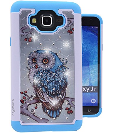 J7 Case, Nuomaofly Studded Rhinestone Crystal Bling Hybrid Armor Defender Dual Layer Case Cover for Samsung Galaxy J7 (Owl)