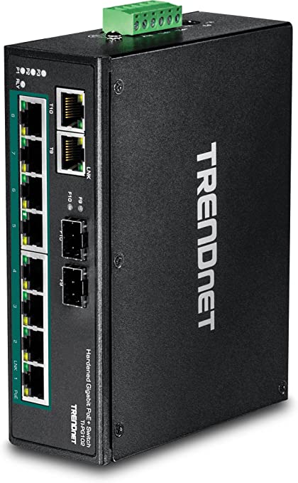 TRENDnet 10-Port Industrial Gigabit PoE  DIN-Rail Switch, 8 x Gigabit PoE  Ports, DIN-Rail Mount, 2 x SFP Slots, 240W PoE Power Budget, Network Switch, IP30, QoS, Lifetime Protection, Black, TI-PG102