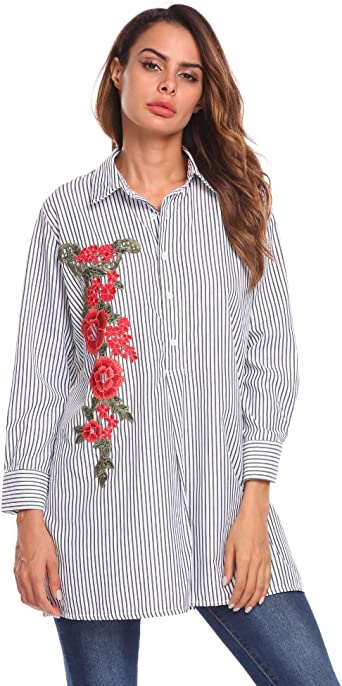 pasttry Women's Casual Striped Button Down Embroidered Long Sleeve T-Shirt Blouse Tops