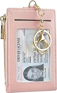 Cynure Women & Men Leather RFID Blocking Card Holder Slim Small Zipper Keychain Front Pocket Wallet with 2 ID Window, pink