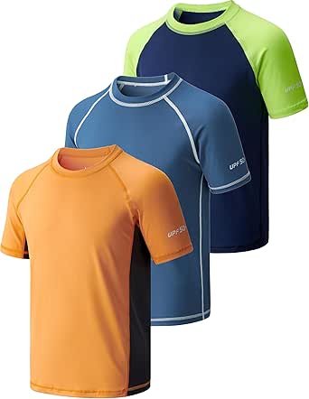 Liberty Pro 3 Pack Boys' UPF 50  Rash Guard Short Sleeve Swim Shirts, Quick Dry UV Protection Swimwear for Kids