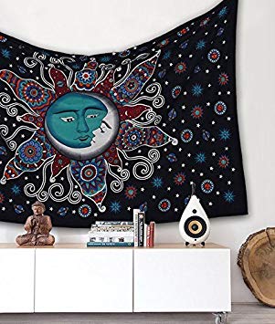 Popular Handicrafts Sun Moon Bohemian Psychedelic Intricate Floral Design Indian Bedspread Magical Thinking Tapestry 54x82 Inches,(140x210cms) Black Turquish