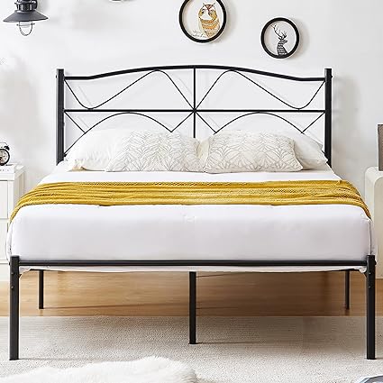 VECELO Full Size Bed Frame, Metal Bed Platform with Headboard, Sturdy Steel Slats Support, No Box Spring Needed/Noise-Free,Easy Assembly, Black