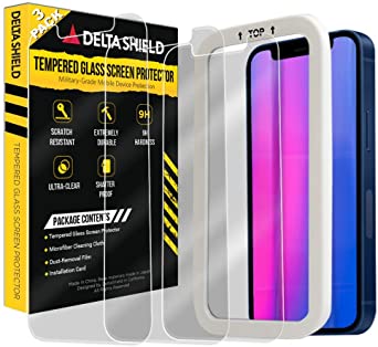 DeltaShield Tempered Glass Screen Protector for Apple iPhone 12 Pro Max (6.7 inch)[3-Pack, Updated Version](Installation Frame Included) Non-Bubble & Military-Grade Clear HD Glass Shield