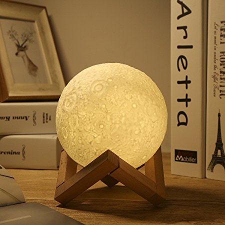 Dimmable LED Lunar Moon Night Light Lamp, Greenclick 3D Luna Lamp Brings The Moon In My Room Smart Touch Control Moon Lantern Rechargeable Home Decorative Hanging Light With Wood Holder, Diameter 5.1 In