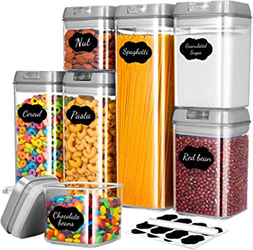 Airtight Food Storage Containers with Lids, 7 Pack Plastic Cereal Containers Set for Kitchen Pantry Organization, BPA-Free Clear Storage Canisters with Chalkboard Labels & Pen