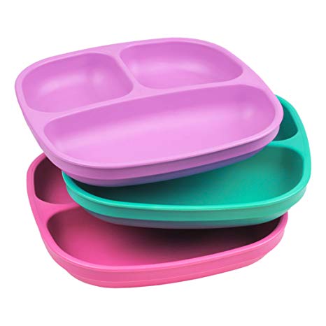 Re-Play Made in USA 3pk Divided Plates with Deep Sides for Easy Baby, Toddler, Child Feeding - Purple, Aqua & Pink (Sparkle)