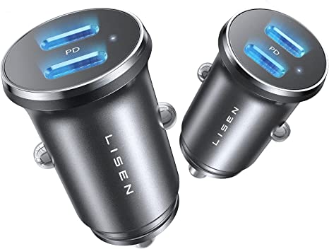 2-Pack USB C Car Charger, Lisen 60W Dual Port USB C Car Charger Fast Charging [Metal & Mini] USB Cigarette Lighter Adapter for iPhone 14/14 Pro/Samsung S23 S22/iPad/Google Pixel