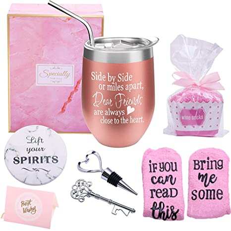 Yorktend Side by Side or Miles Apart Friends are Always Close at Heart - Gifts for Friends birthday Gifts for Women - Funny Birthday Wine Gift for her - 12oz Wine Tumbler with Lid,Straw,Opener,Coaster